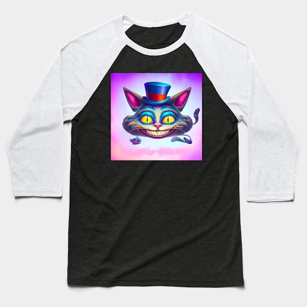 Alice in Wonderland Cheshire cat floating on pink clouds Baseball T-Shirt by The Universal Saint